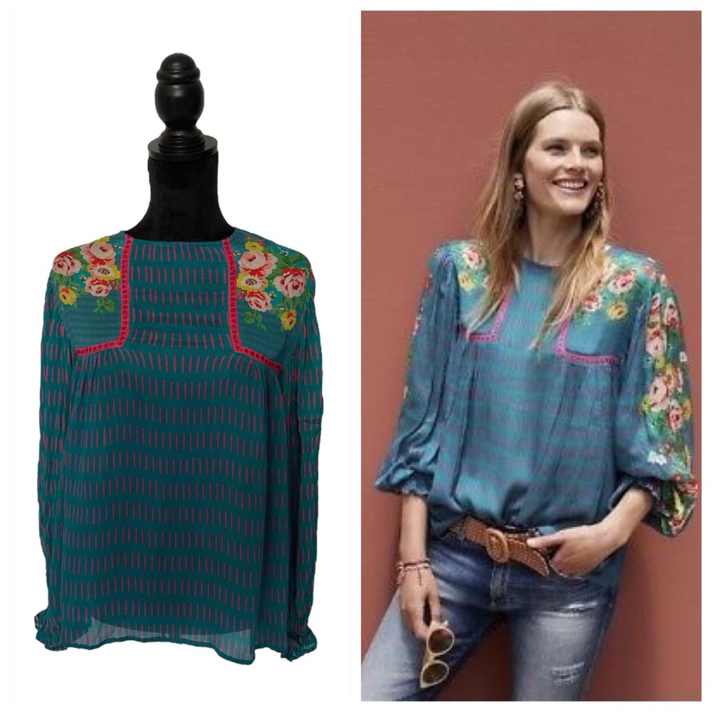 Anthropologie Teal Floral Embroidered Blouse